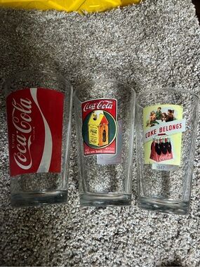 Coca Cola Clear Glasses with Red and Yellow Retro Labels - Set of 3